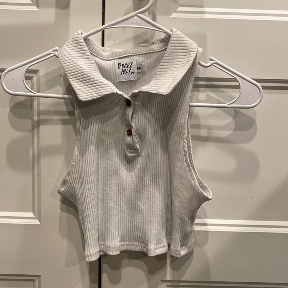 White collared button up crop top